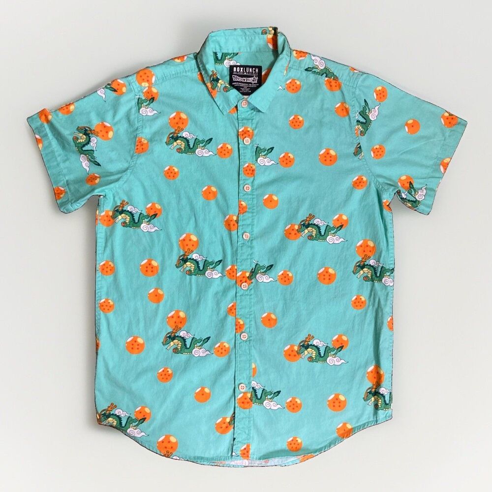 Dragon Ball Z Box Lunch Shirt Mens Large Teal All Over Print Short Sleeve Button
